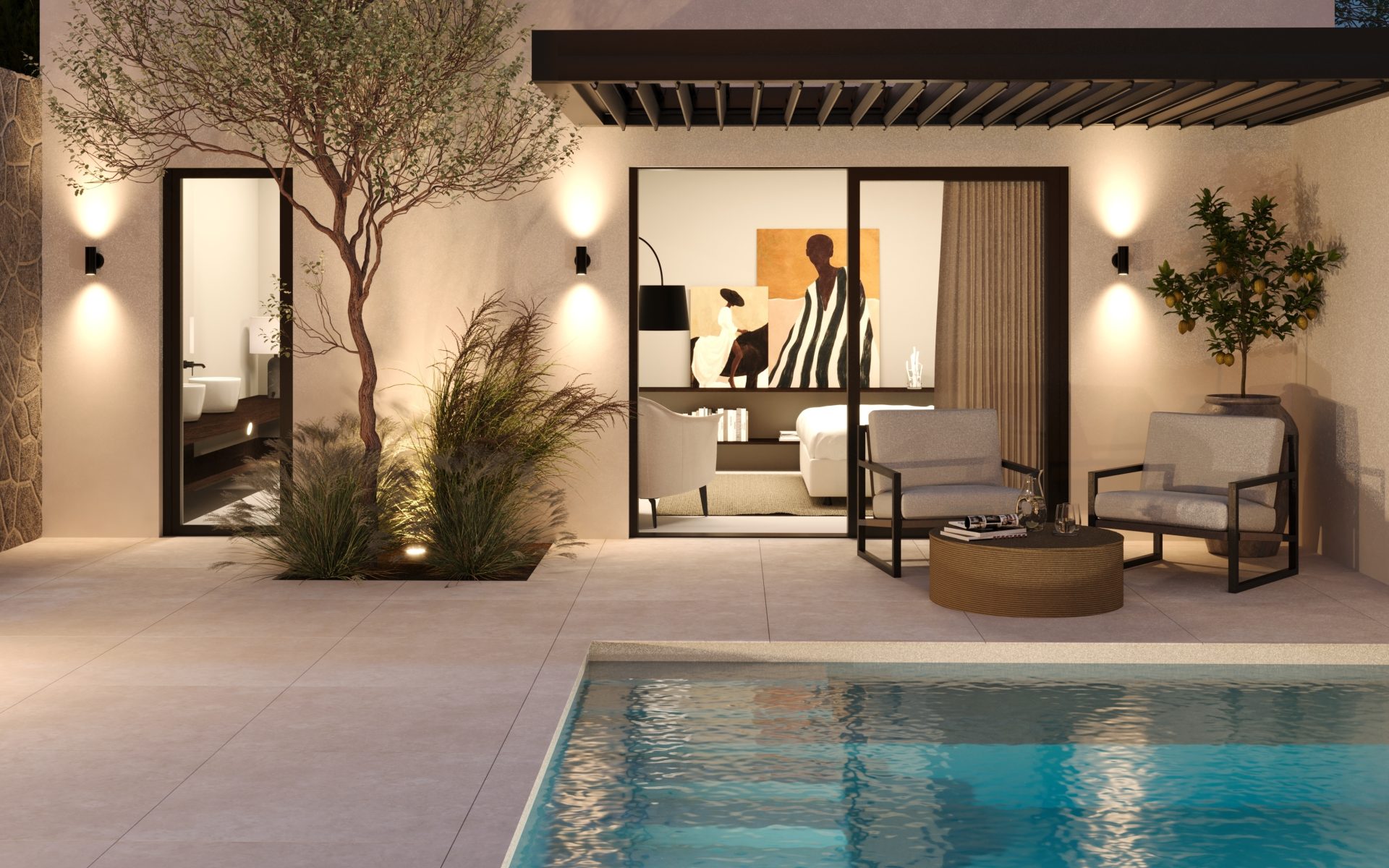 Patio esterno piscina notte 1